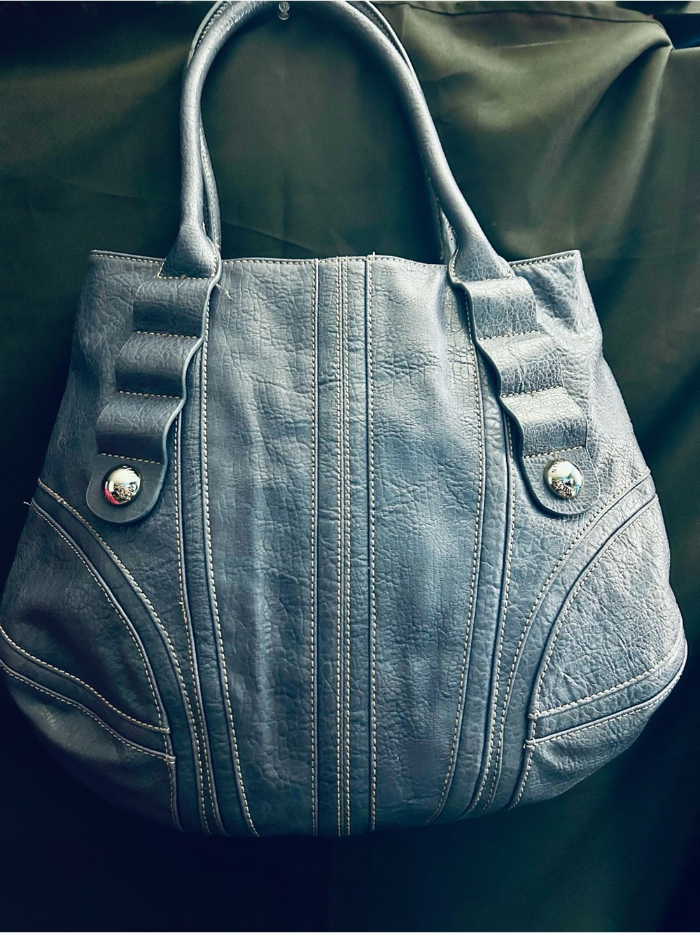 Nine West Large Textured Blue Shoulder Tote with Decorative Stitching